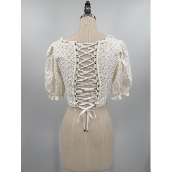 For Love & Lemons White Lace Up Eyelet Corset Top XS Puff Sleeve Cottagecore - Picture 5 of 9